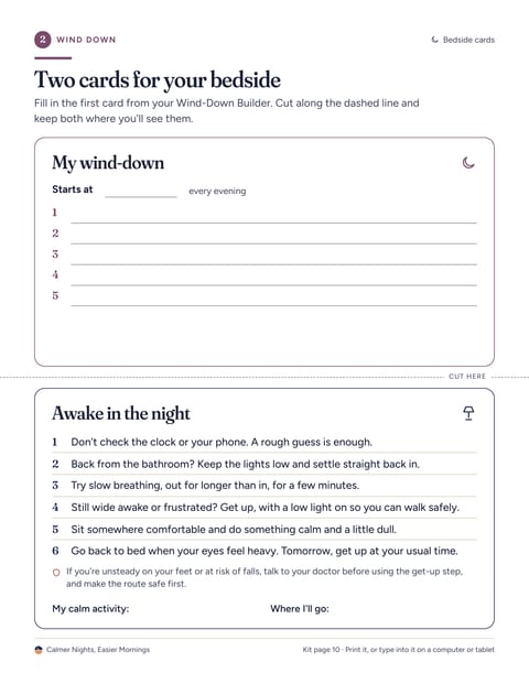 Printable page: two bedside cards, My wind-down and Awake in the night